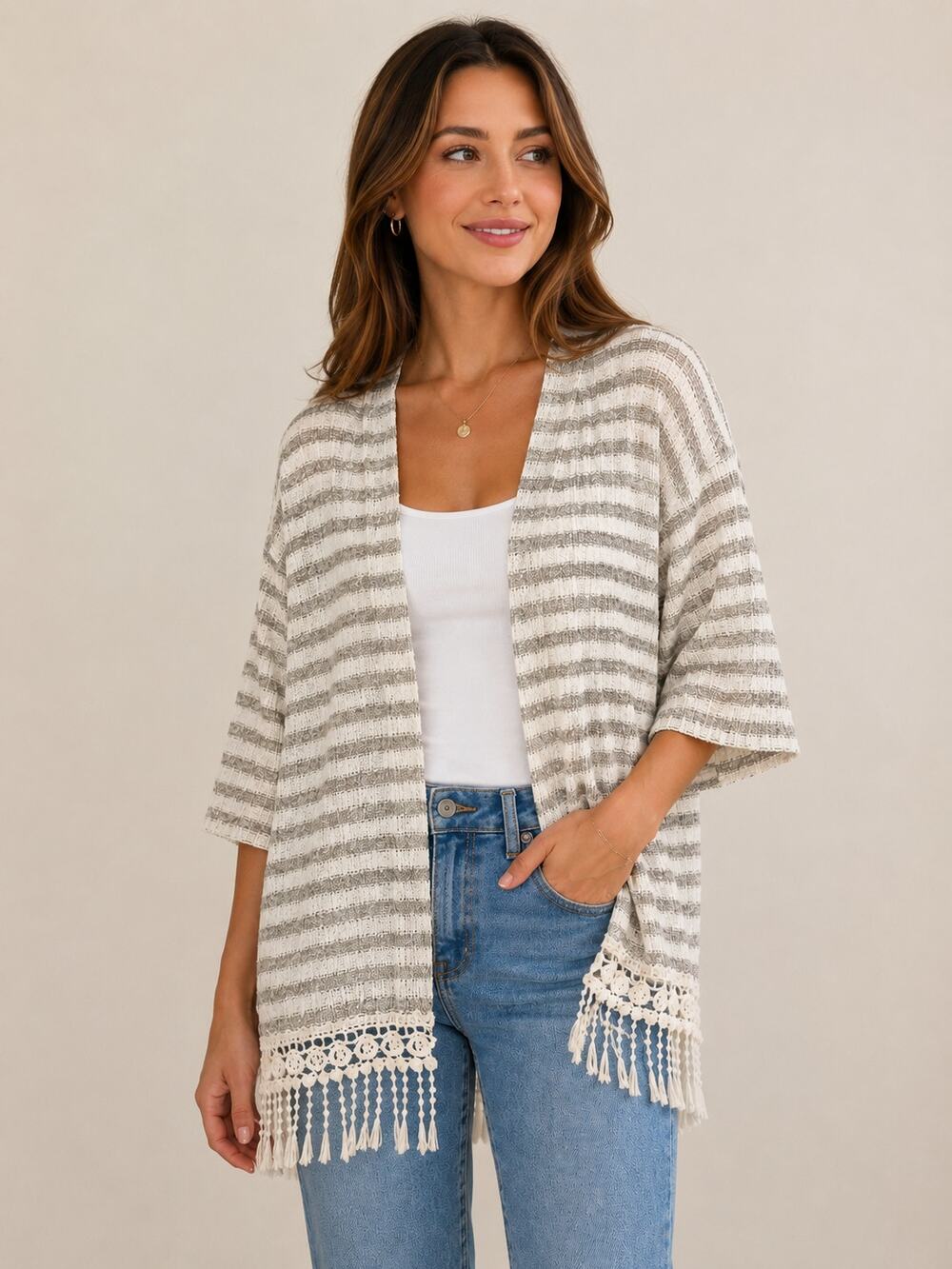 Lovemarks Striped Crochet Fringe Hem Open Cardigan Small Boho Cottagecore Kimono